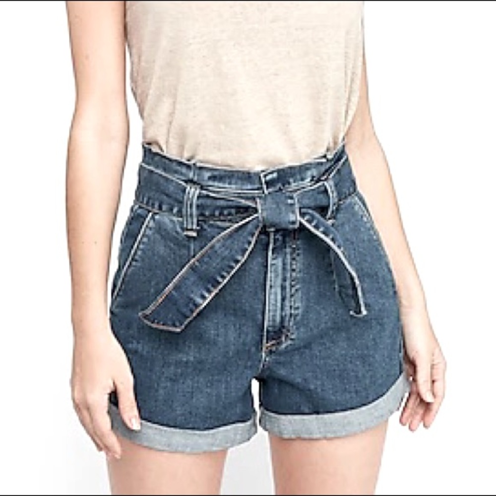 Express super high waisted paper bag jean shorts size 10 dark blue